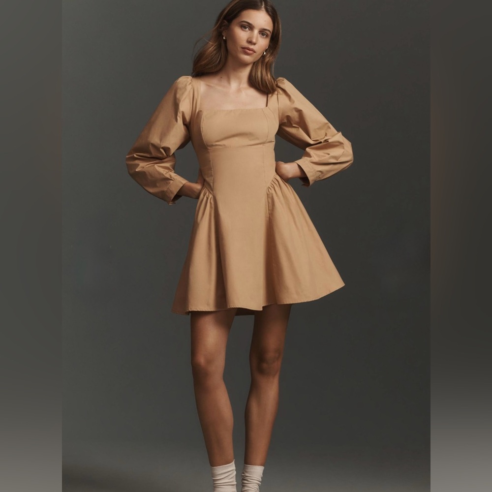 Elegant Tan Puff Sleeve Dress